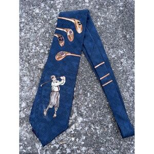 Mark Alexander Mens Navy Blue‎ Glen Plaid Silk Golf Tie Golfer & Clubs Graphic